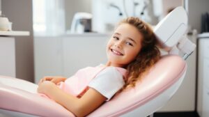Smiling young girl reclined in dental treatment chair